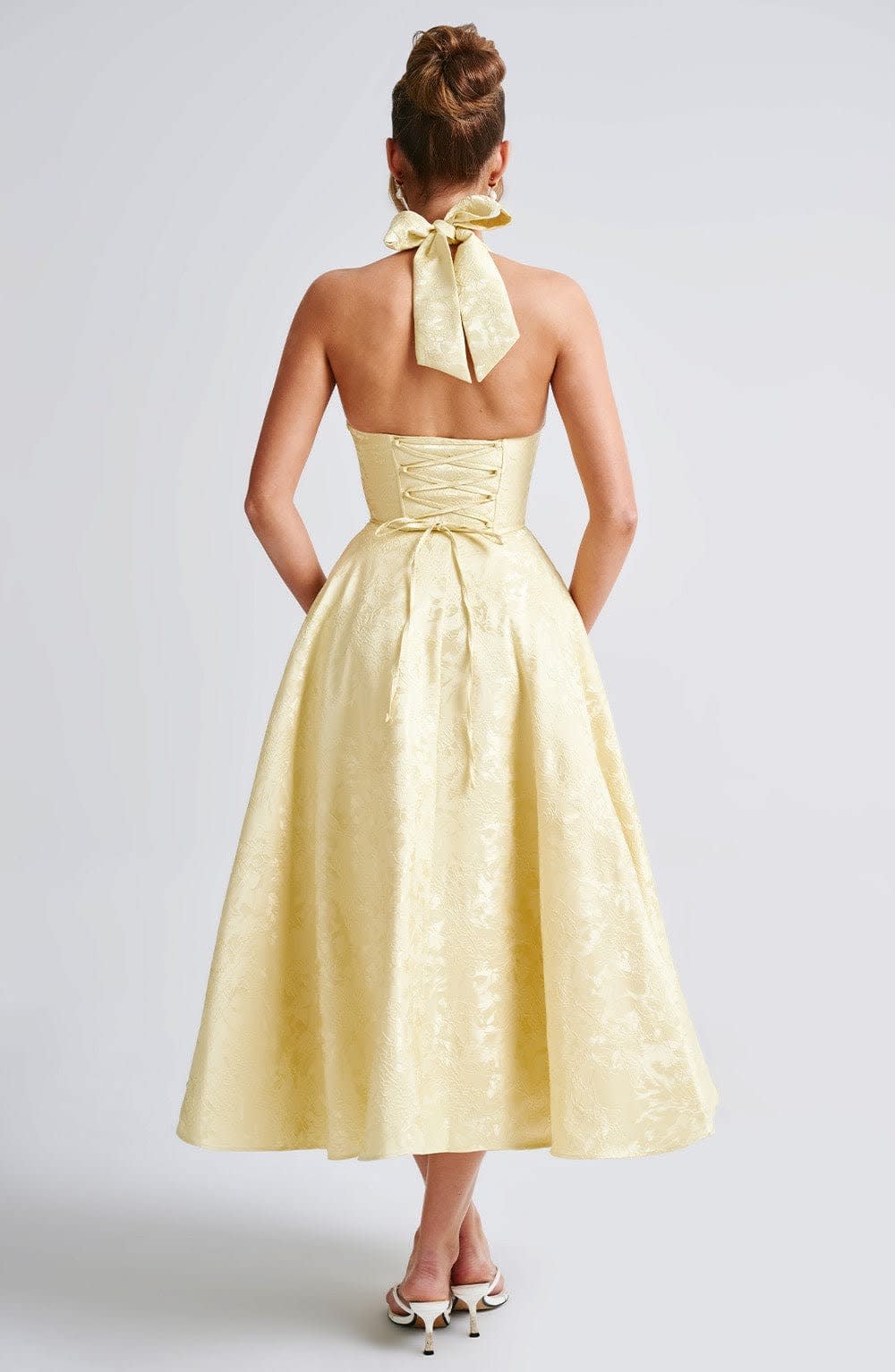 Women's Halter Neck Wedding Guest Midi Dress with Corset Back | Hailey Thompson_12