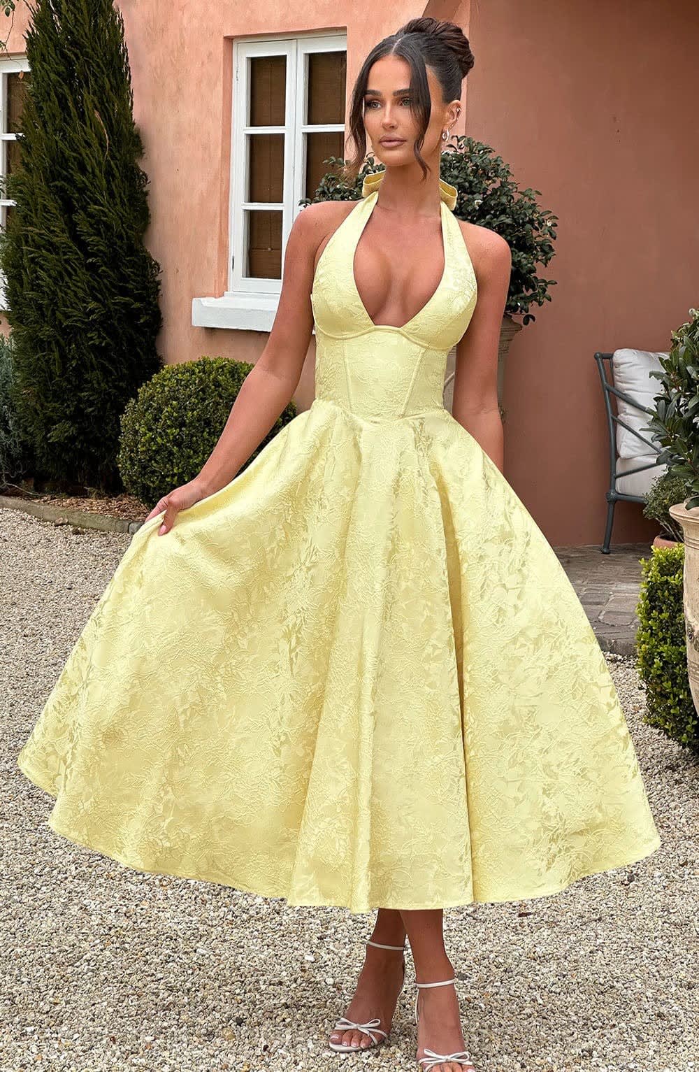 Women's Halter Neck Wedding Guest Midi Dress with Corset Back | Hailey Thompson_13