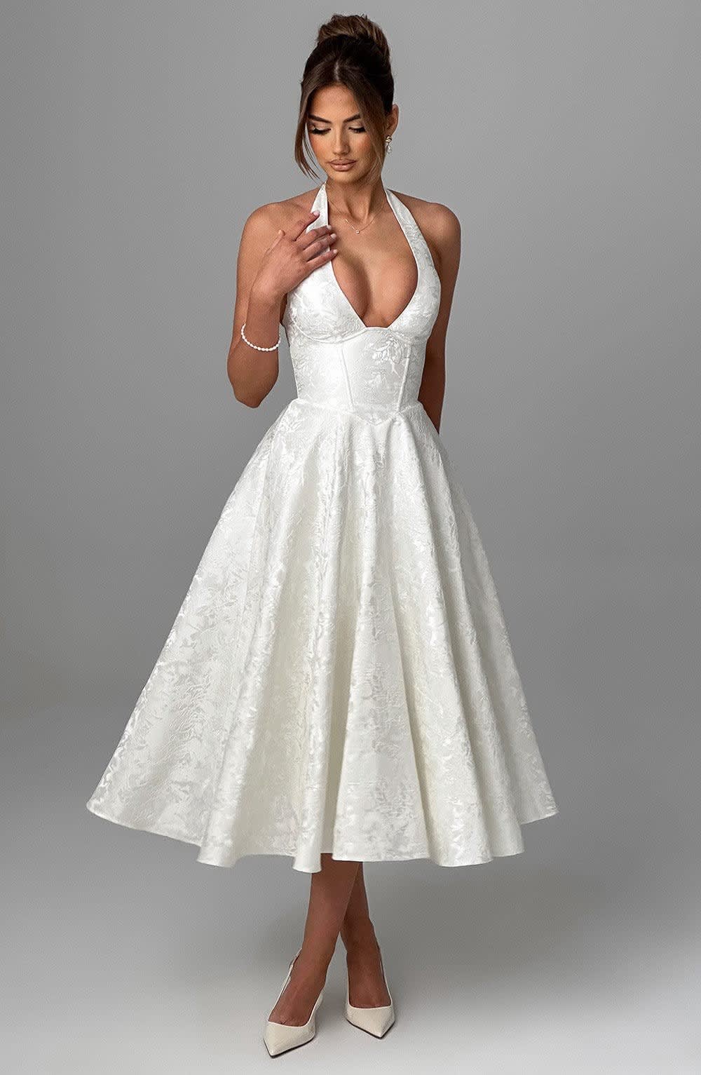 Women's Halter Neck Wedding Guest Midi Dress with Corset Back | Hailey Thompson_4
