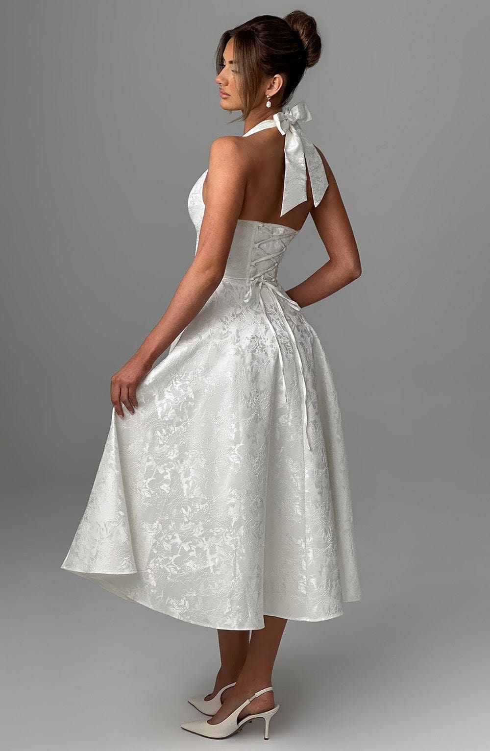 Women's Halter Neck Wedding Guest Midi Dress with Corset Back | Hailey Thompson_5