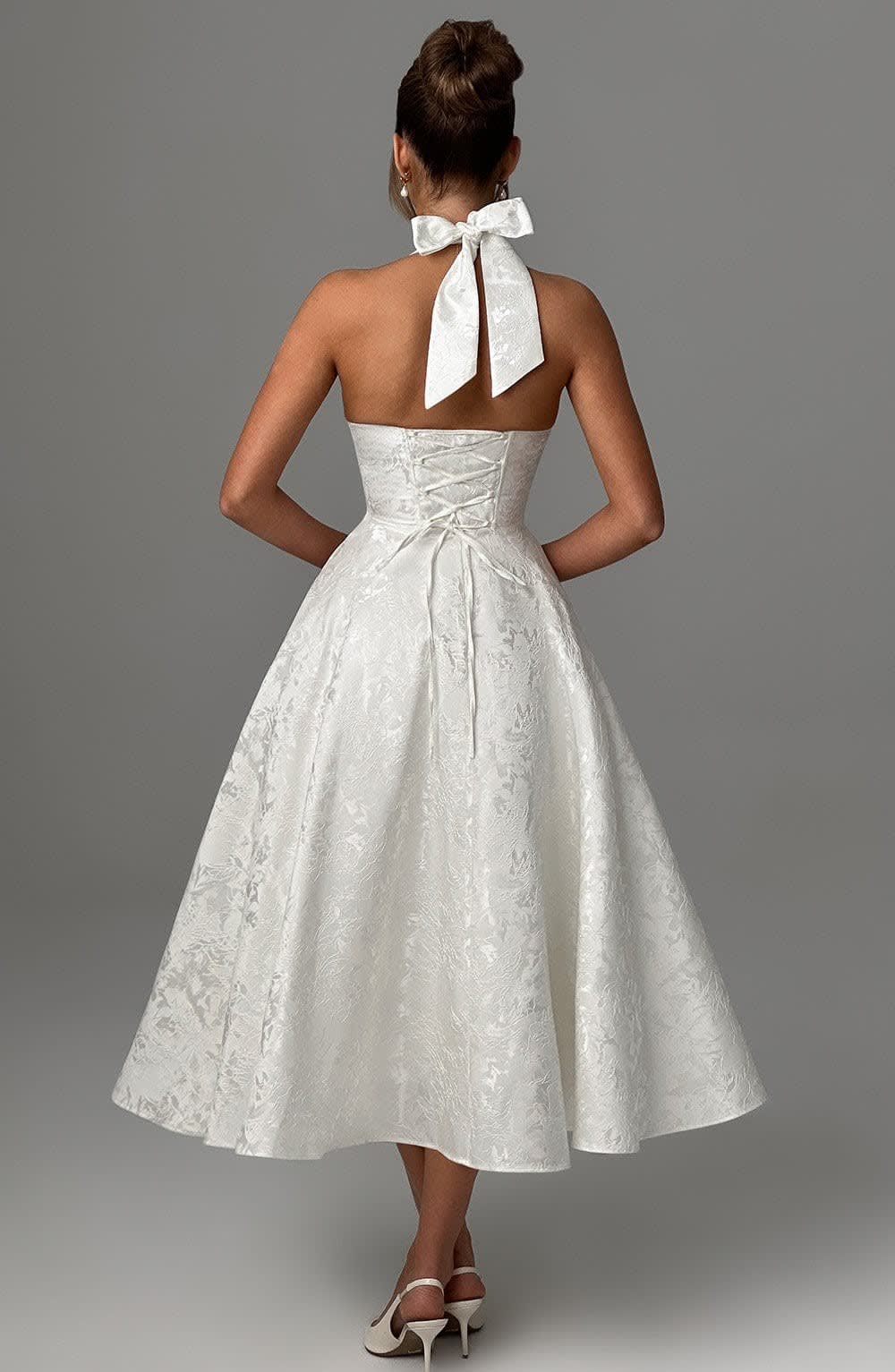 Women's Halter Neck Wedding Guest Midi Dress with Corset Back | Hailey Thompson_6