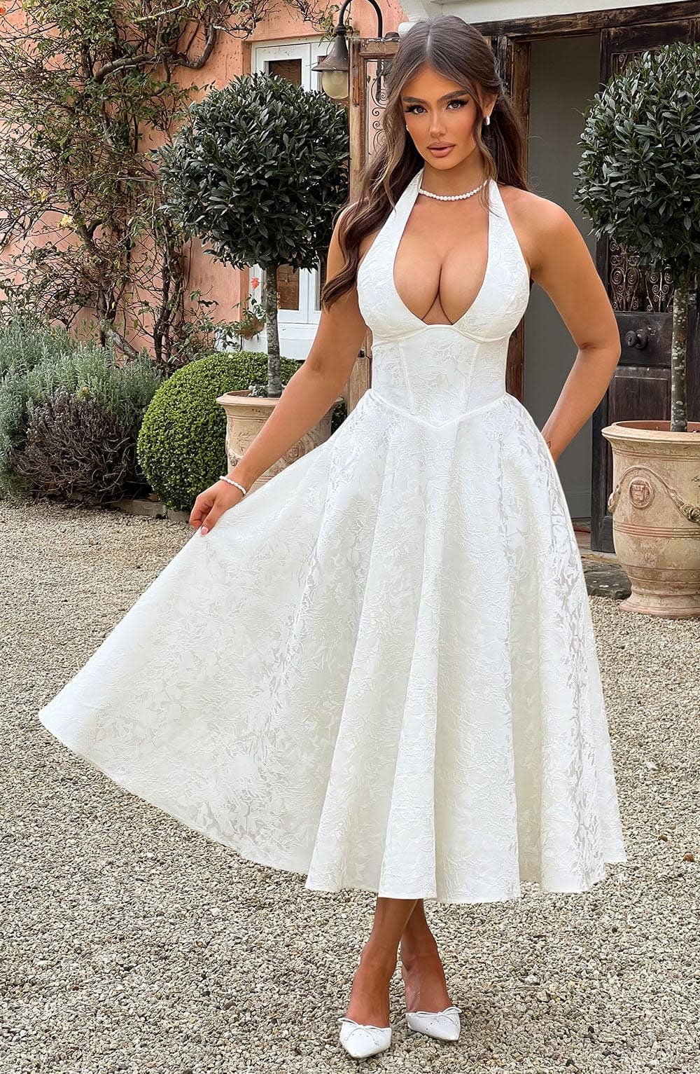 Women's Halter Neck Wedding Guest Midi Dress with Corset Back | Hailey Thompson_7