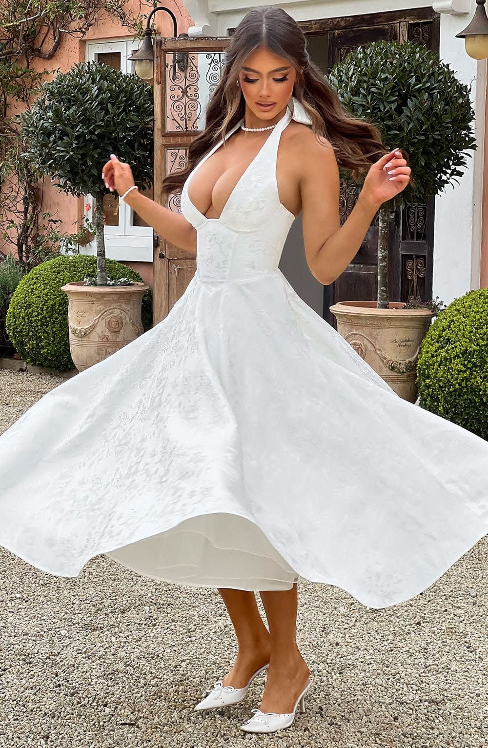 Women's Halter Neck Wedding Guest Midi Dress with Corset Back | Hailey Thompson_9
