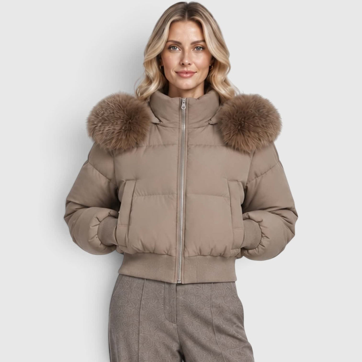 Women's Cropped Puffer Jacket With Fur Trim Hood | Polly_13