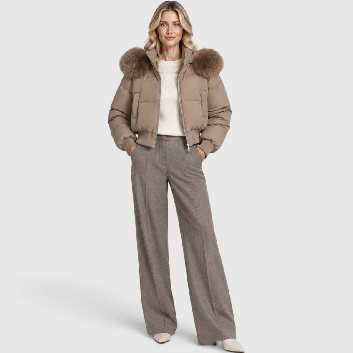 Women's Cropped Puffer Jacket With Fur Trim Hood | Polly_16