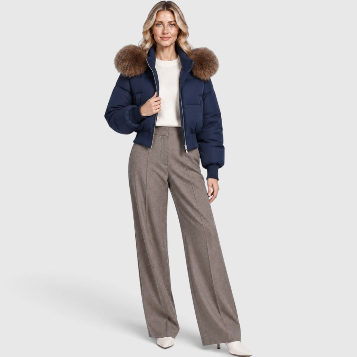 Women's Cropped Puffer Jacket With Fur Trim Hood | Polly_4