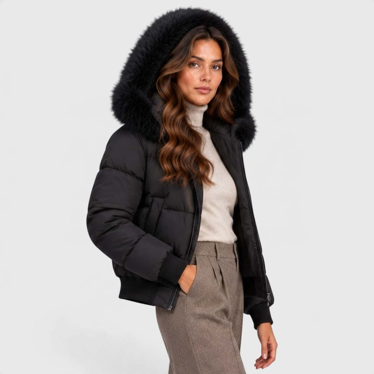 Women's Cropped Faux Fur Puffer Jacket | Greta_11