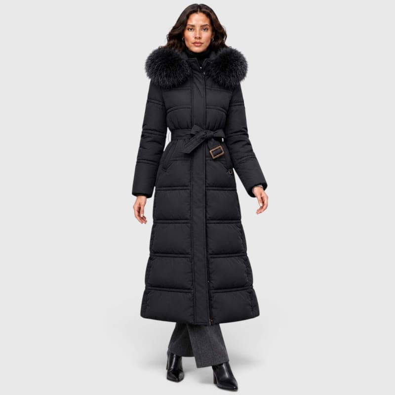 Women's Long Belted Puffer Coat With Fur Trim Hood | Nadine_1
