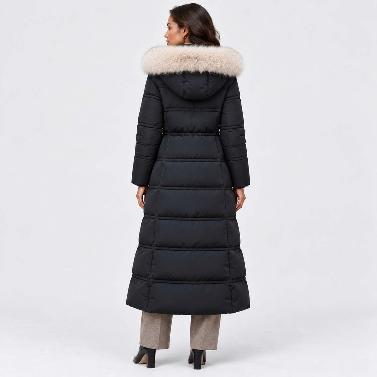 Women's Long Belted Puffer Coat With Fur Trim Hood | Nadine_10