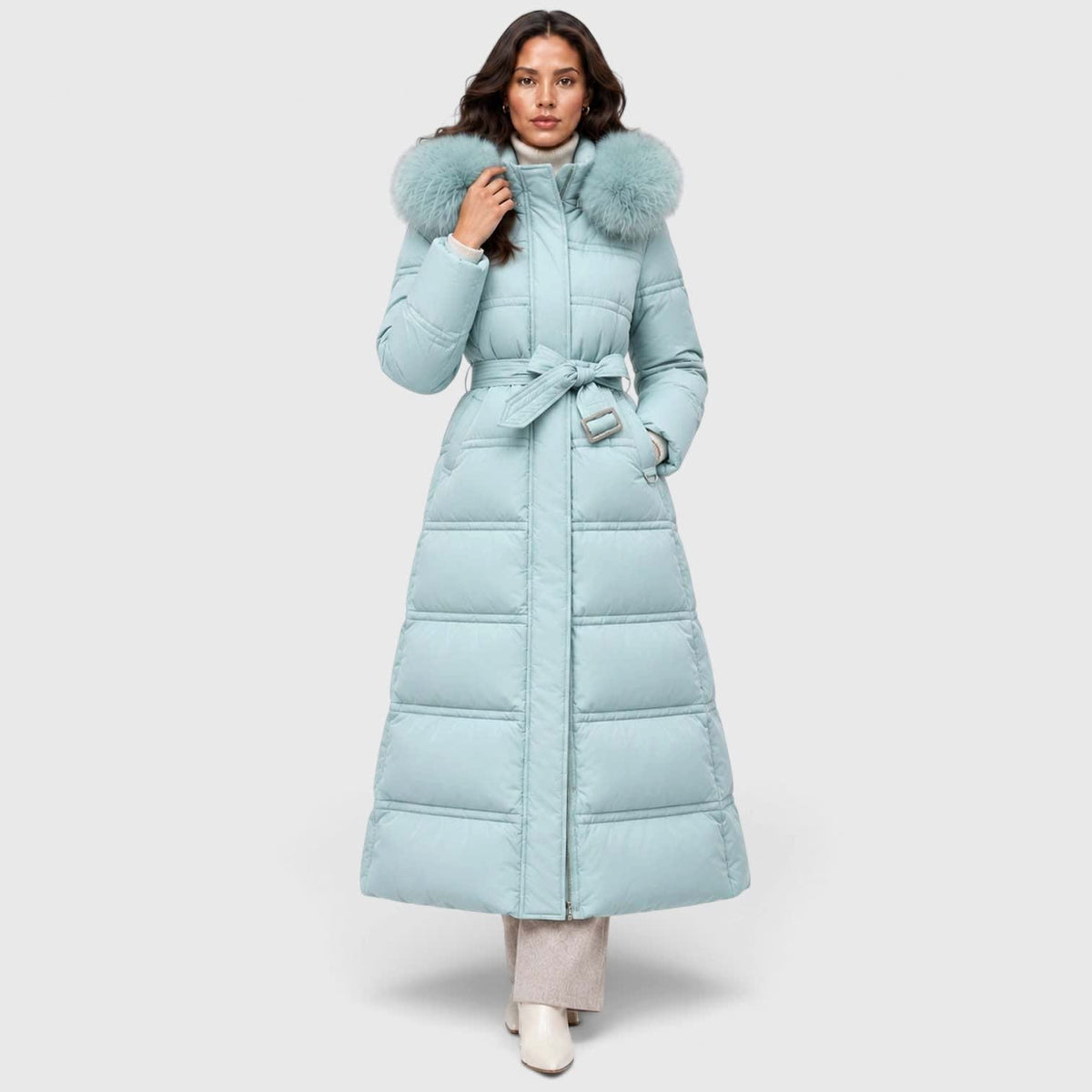 Women's Long Belted Puffer Coat With Fur Trim Hood | Nadine_11
