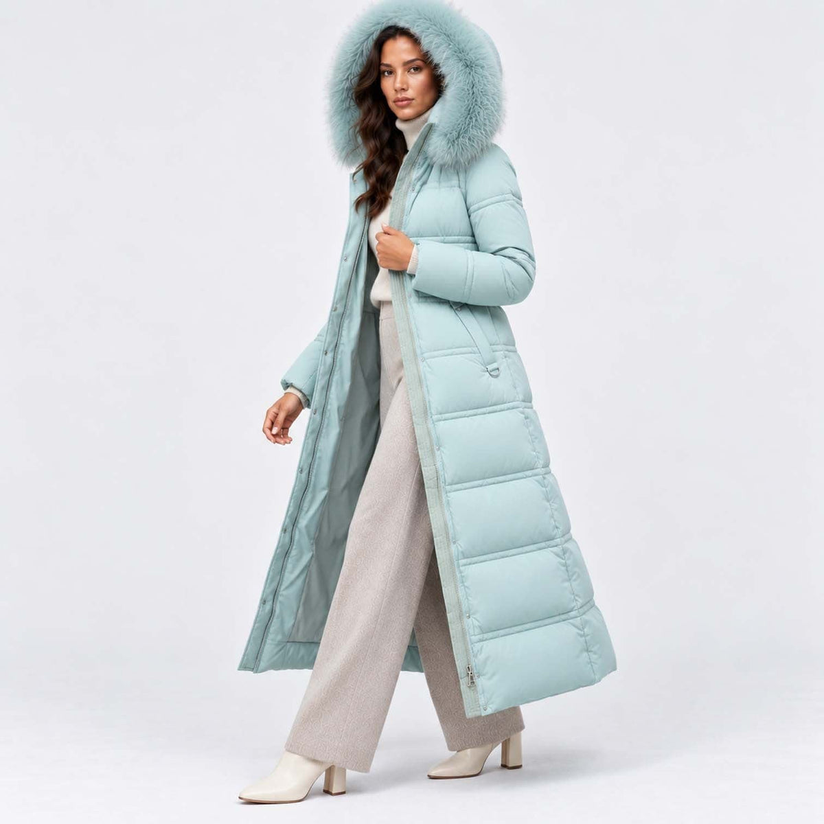 Women's Long Belted Puffer Coat With Fur Trim Hood | Nadine_12