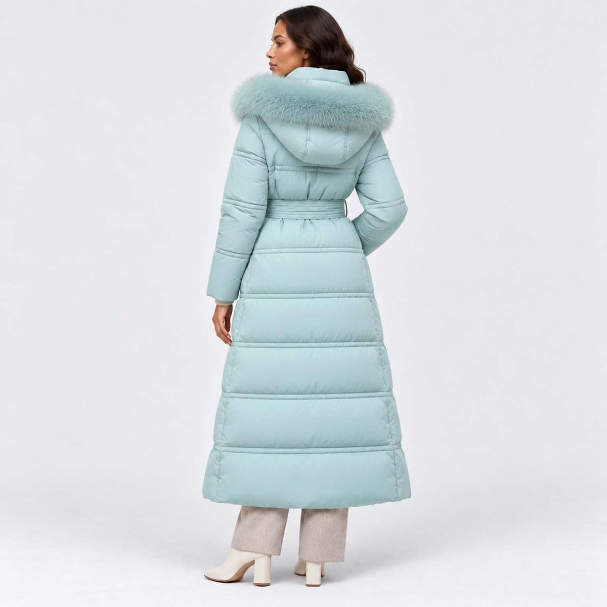 Women's Long Belted Puffer Coat With Fur Trim Hood | Nadine_13