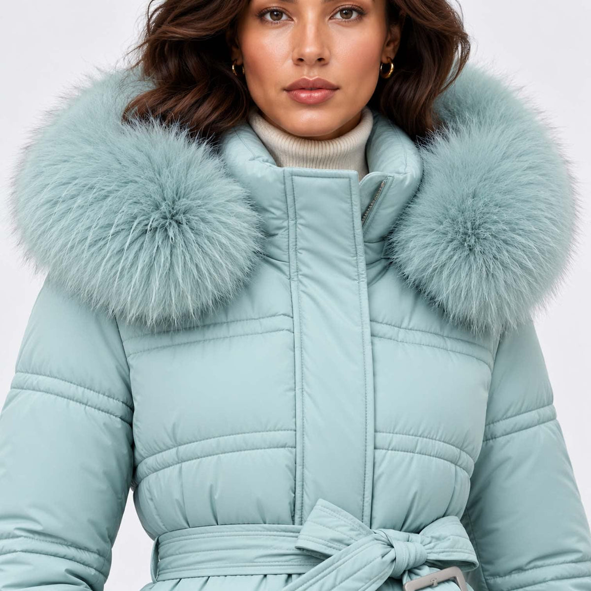 Women's Long Belted Puffer Coat With Fur Trim Hood | Nadine_14
