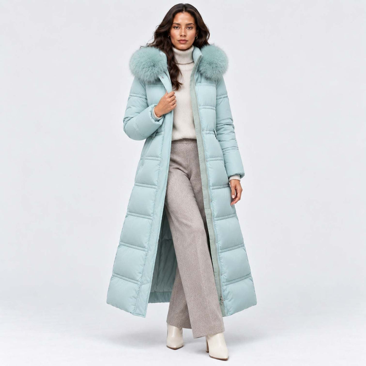 Women's Long Belted Puffer Coat With Fur Trim Hood | Nadine_16