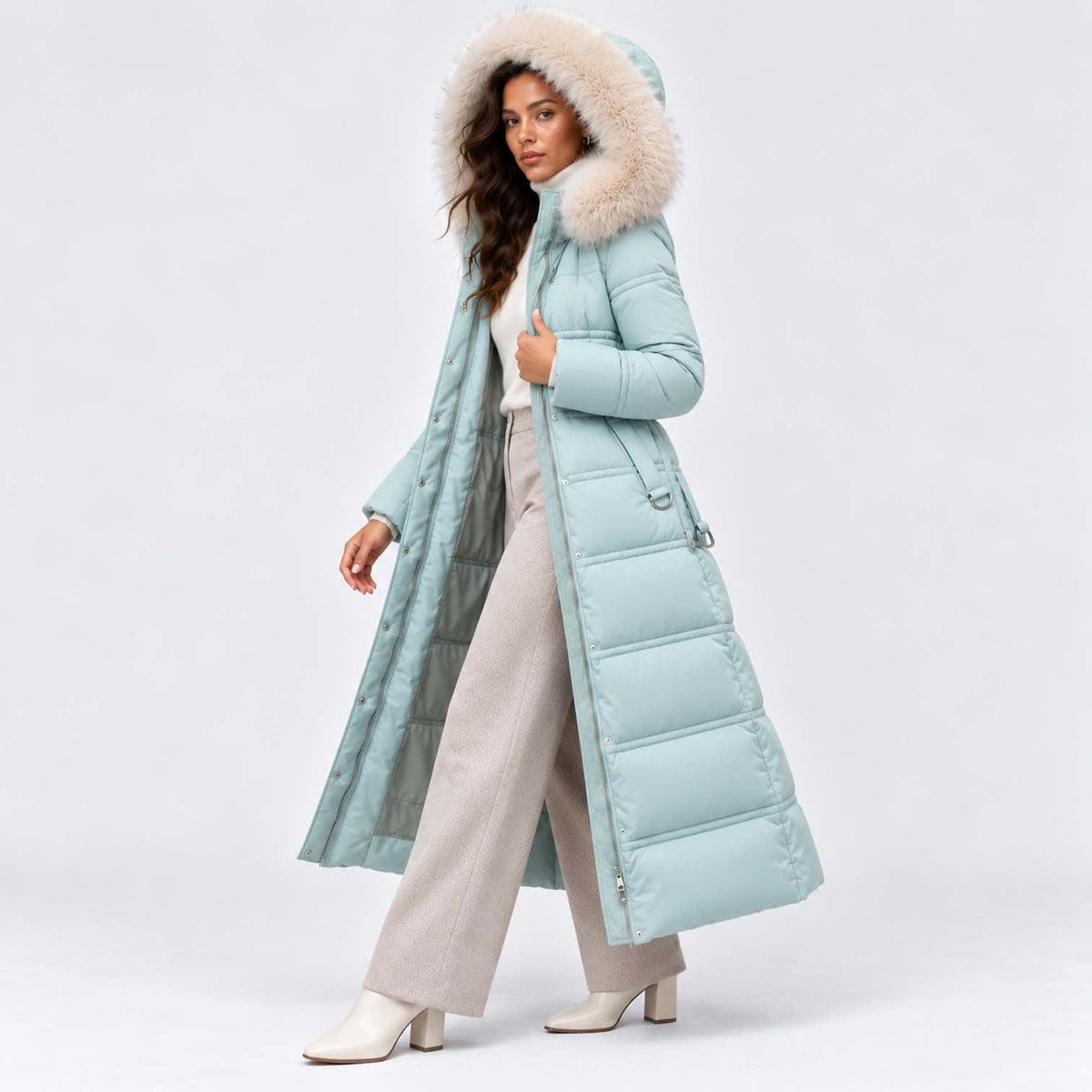 Women's Long Belted Puffer Coat With Fur Trim Hood | Nadine_18