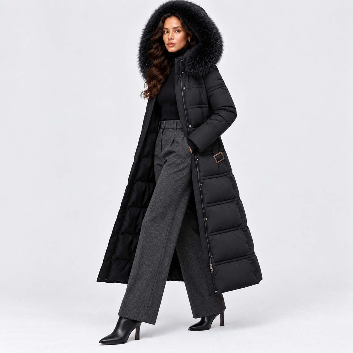 Women's Long Belted Puffer Coat With Fur Trim Hood | Nadine_2