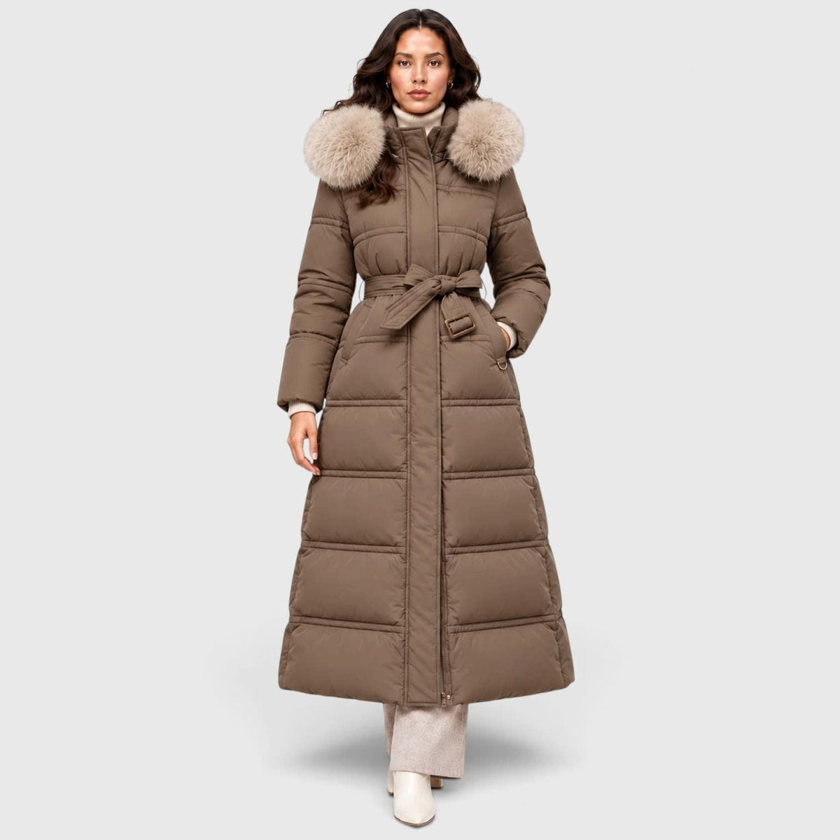 Women's Long Belted Puffer Coat With Fur Trim Hood | Nadine_21