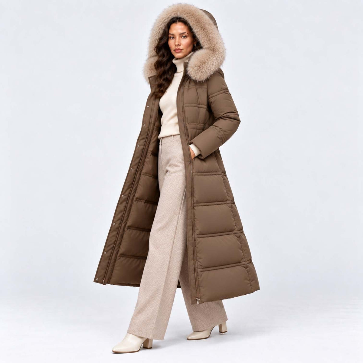Women's Long Belted Puffer Coat With Fur Trim Hood | Nadine_22