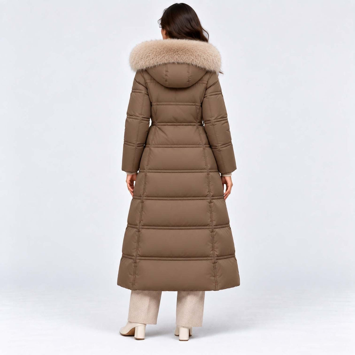 Women's Long Belted Puffer Coat With Fur Trim Hood | Nadine_23