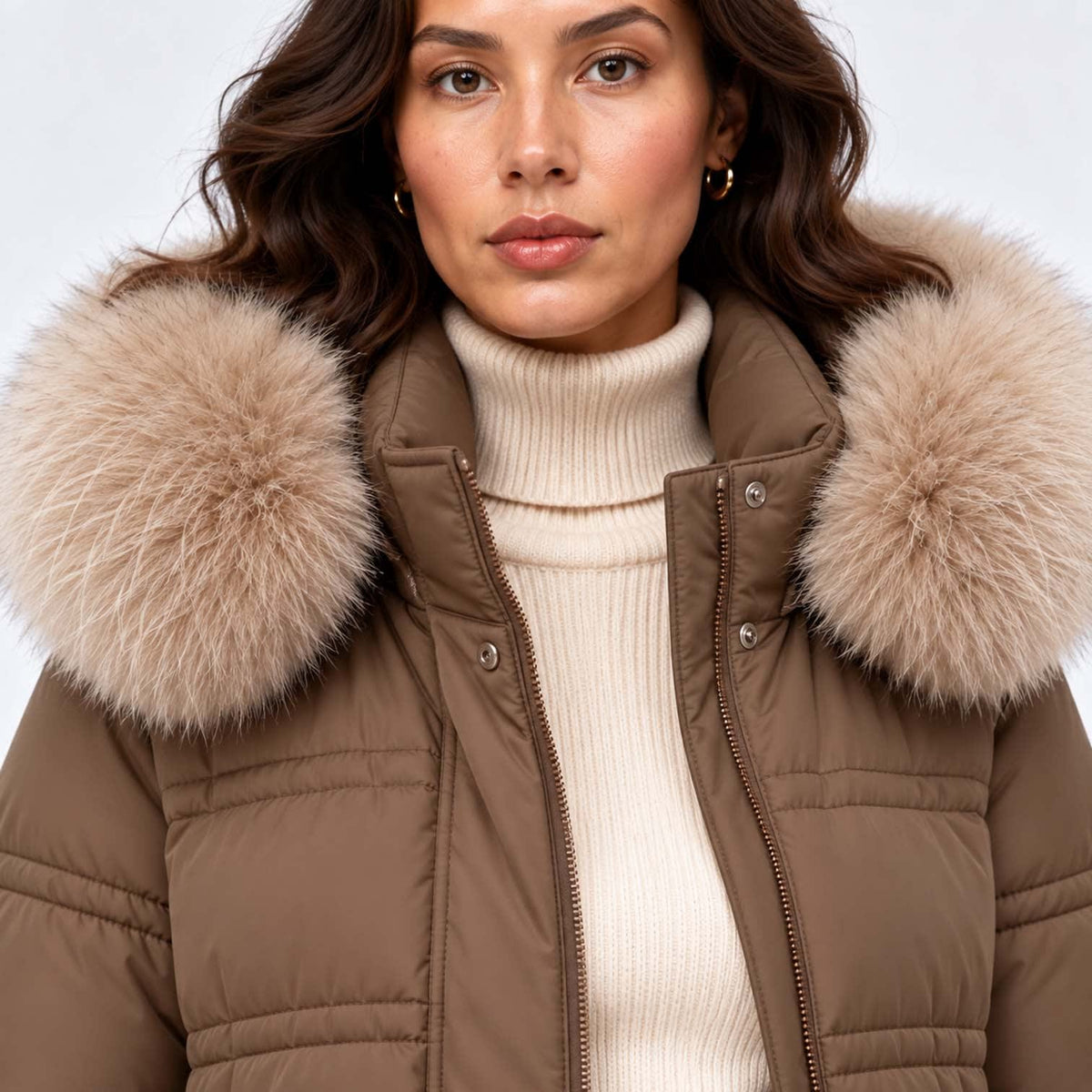 Women's Long Belted Puffer Coat With Fur Trim Hood | Nadine_24