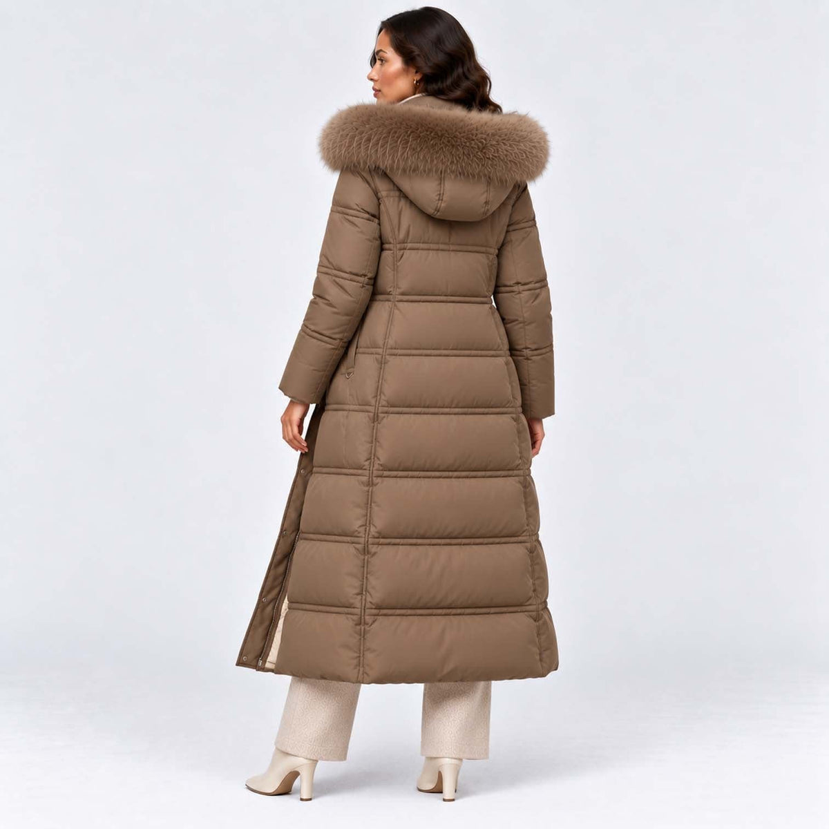 Women's Long Belted Puffer Coat With Fur Trim Hood | Nadine_25