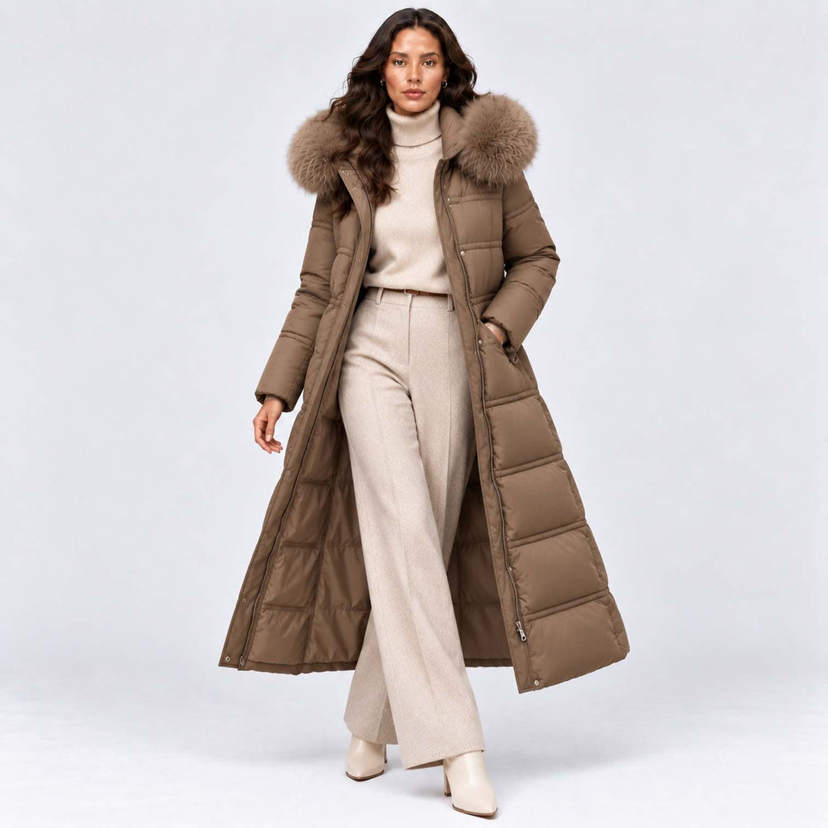 Women's Long Belted Puffer Coat With Fur Trim Hood | Nadine_26