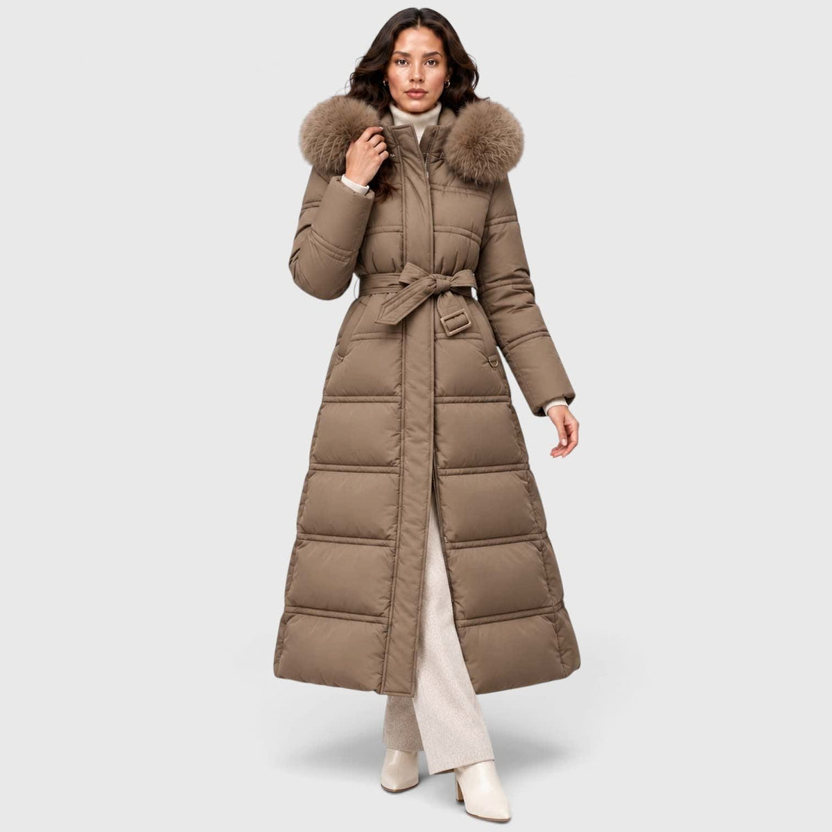 Women's Long Belted Puffer Coat With Fur Trim Hood | Nadine_27
