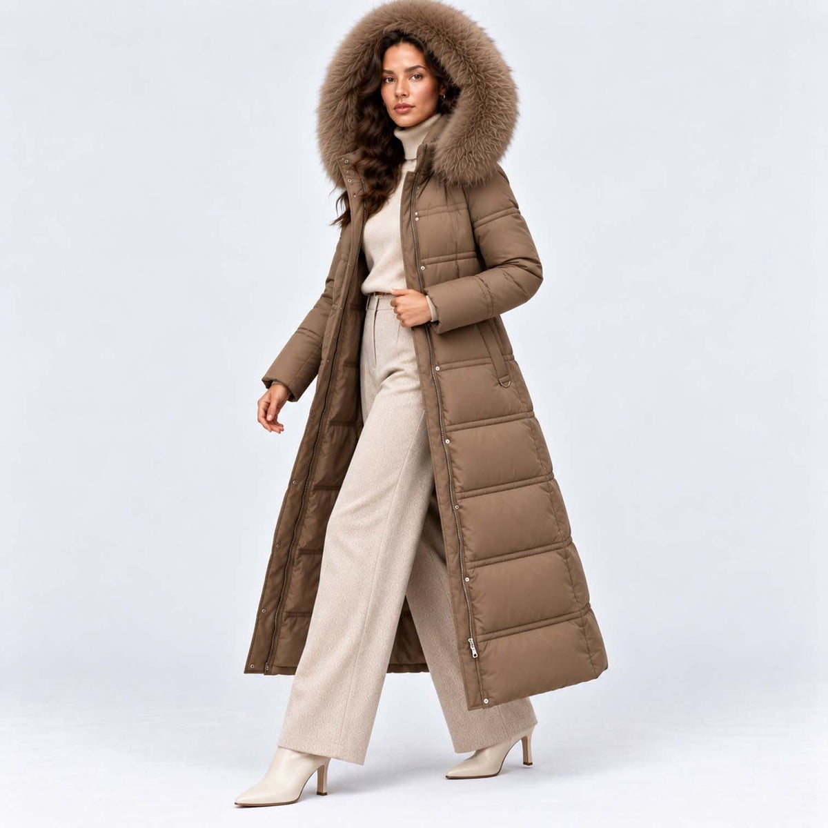 Women's Long Belted Puffer Coat With Fur Trim Hood | Nadine_28