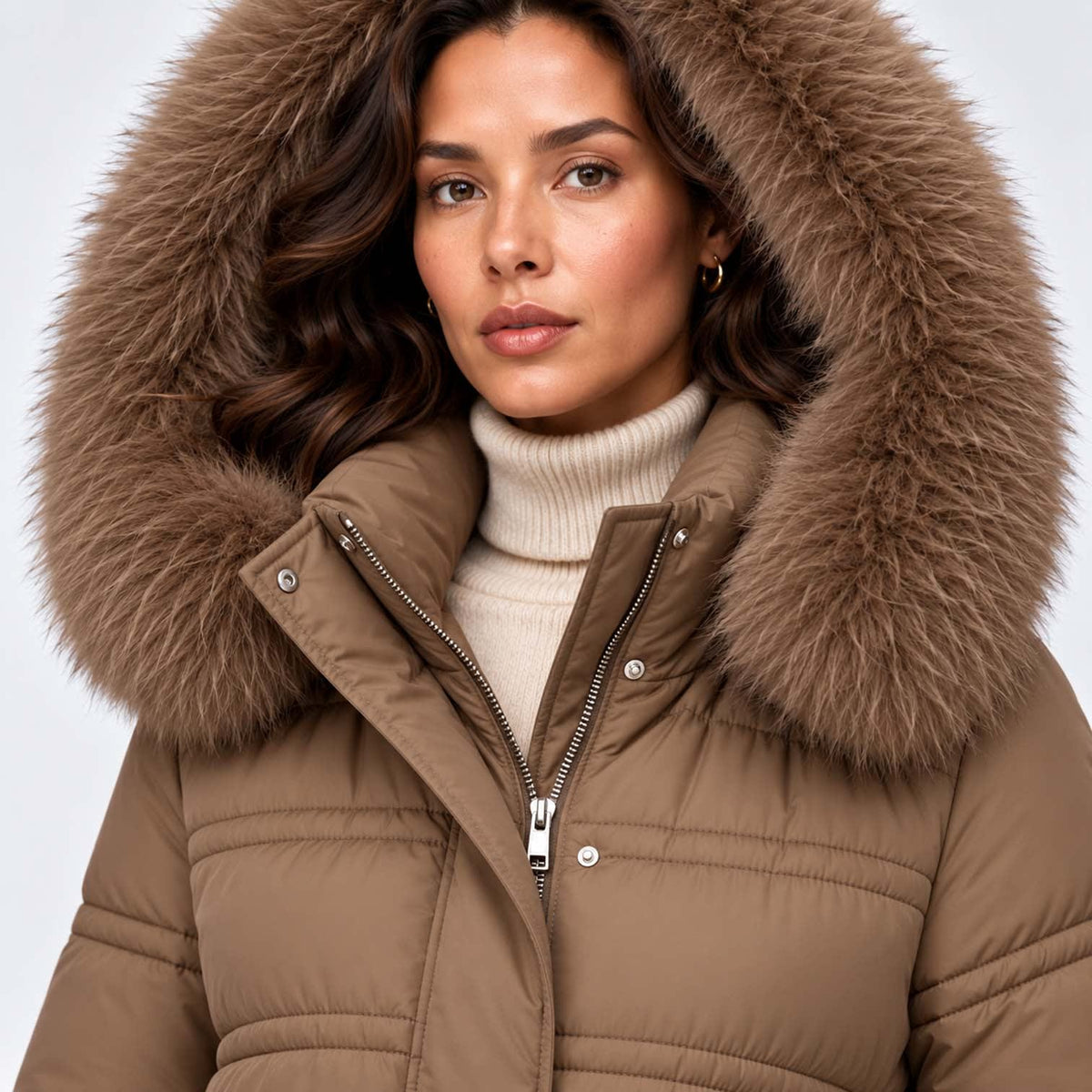 Women's Long Belted Puffer Coat With Fur Trim Hood | Nadine_30