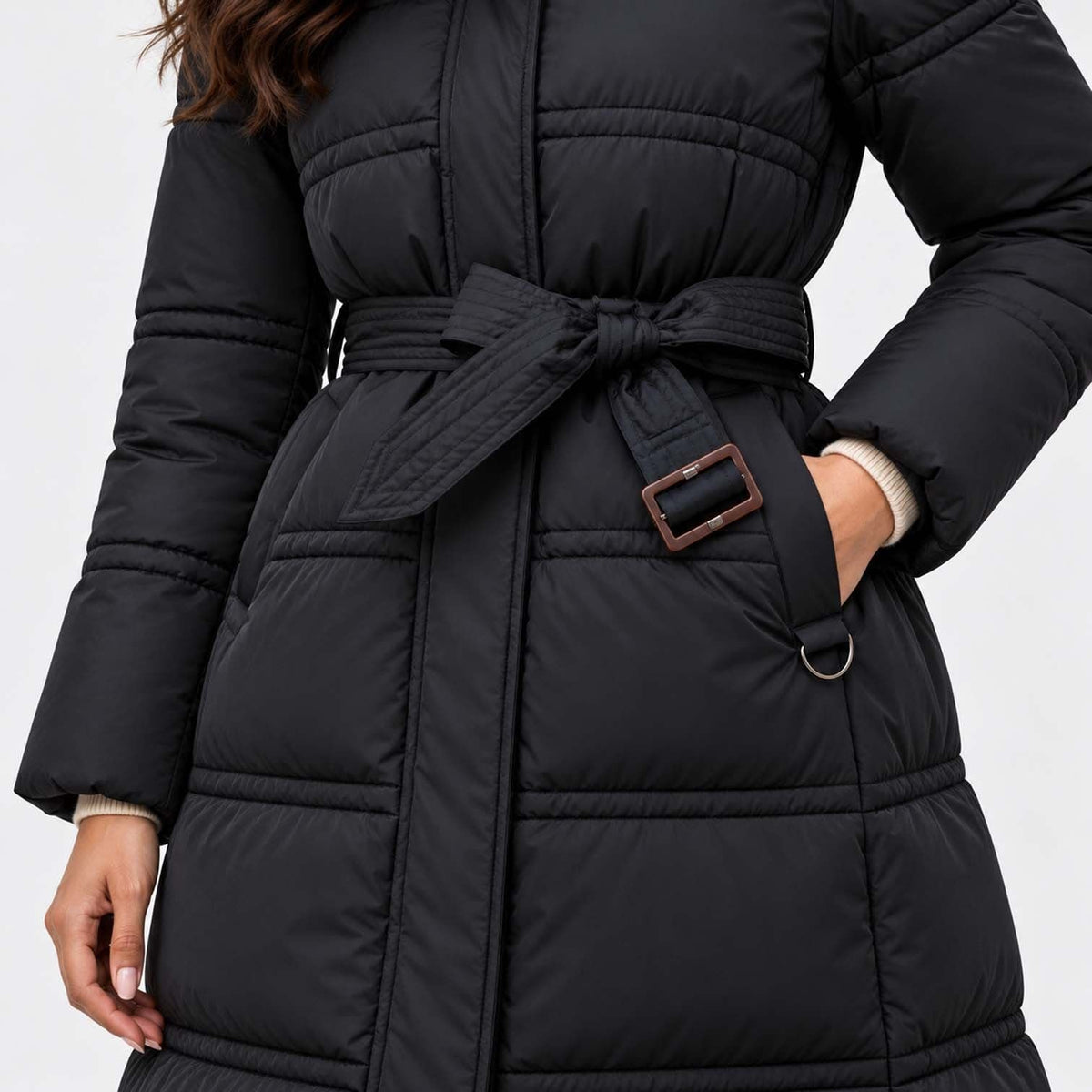 Women's Long Belted Puffer Coat With Fur Trim Hood | Nadine_5