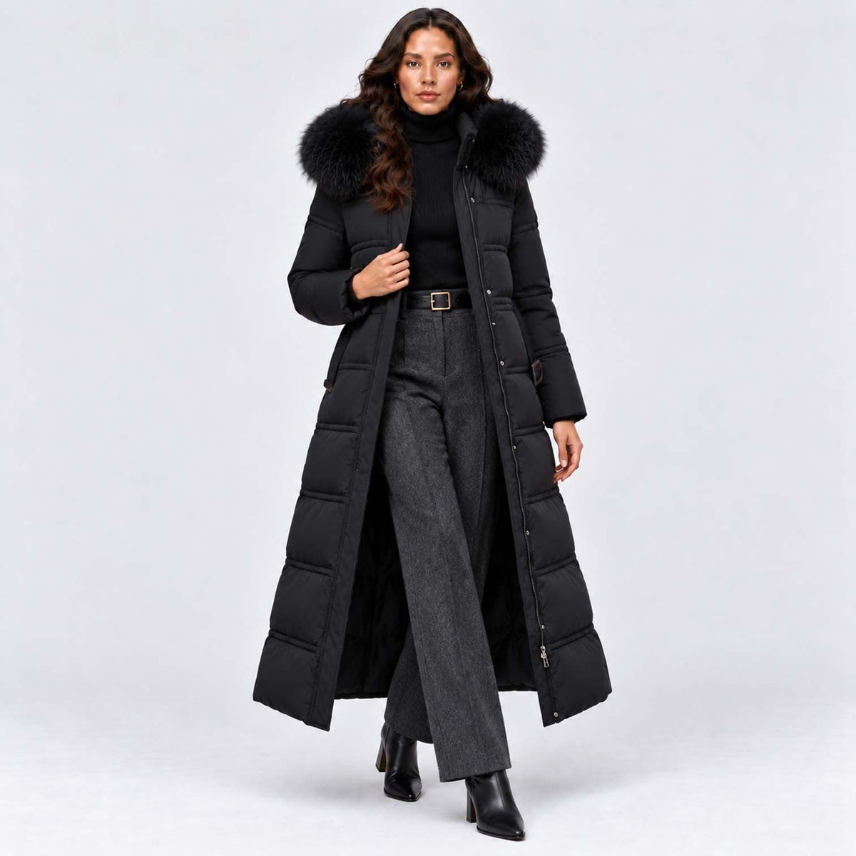 Women's Long Belted Puffer Coat With Fur Trim Hood | Nadine_6