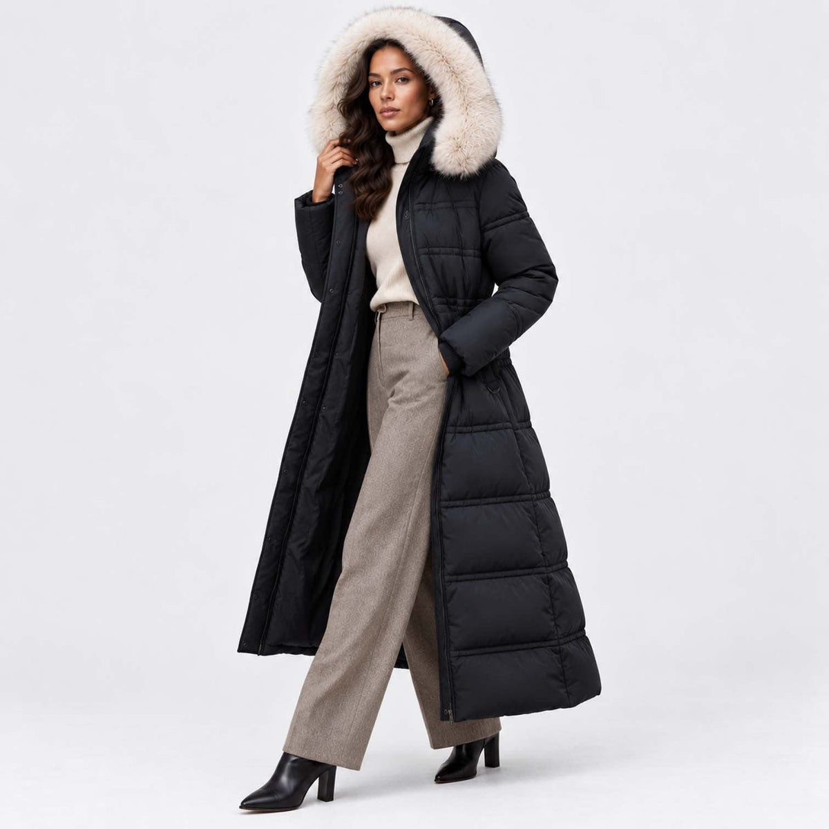 Women's Long Belted Puffer Coat With Fur Trim Hood | Nadine_8
