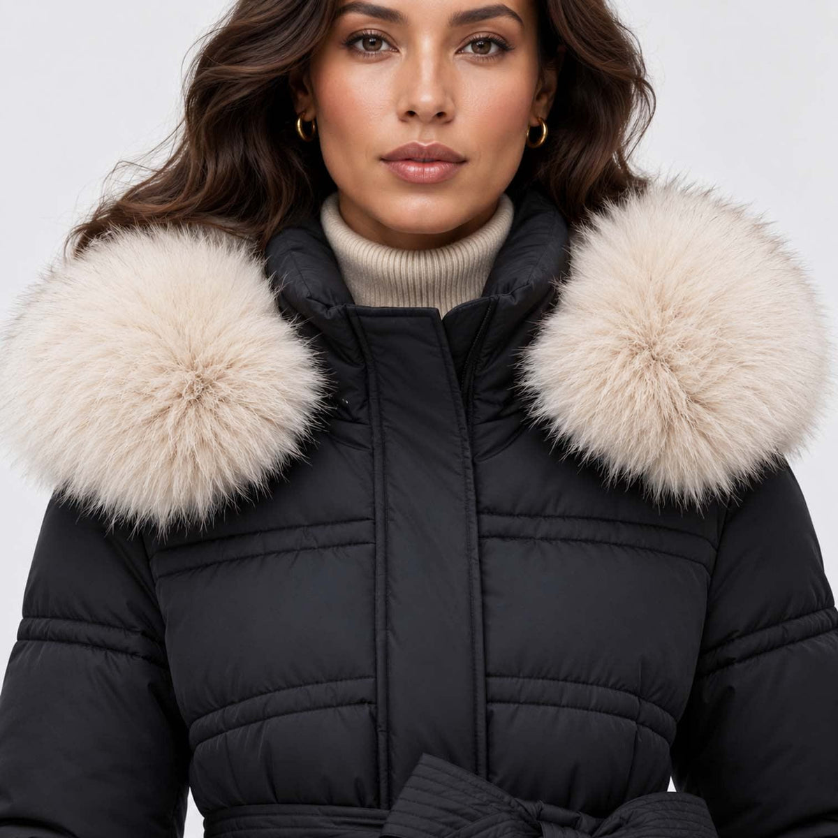 Women's Long Belted Puffer Coat With Fur Trim Hood | Nadine_9