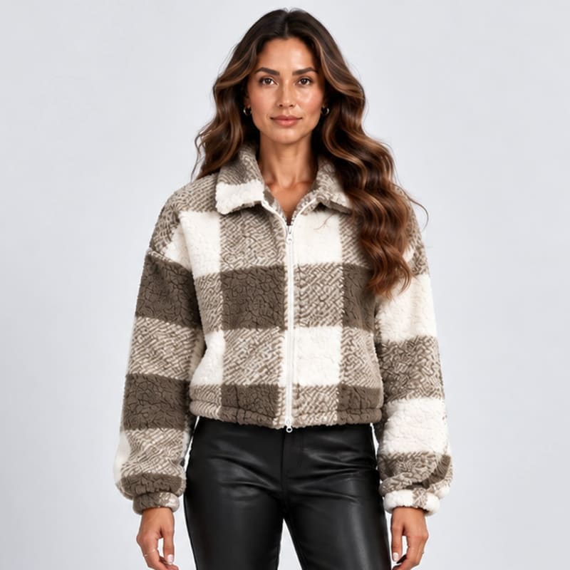 Women's Cropped Checked Teddy Jacket | Evie_1