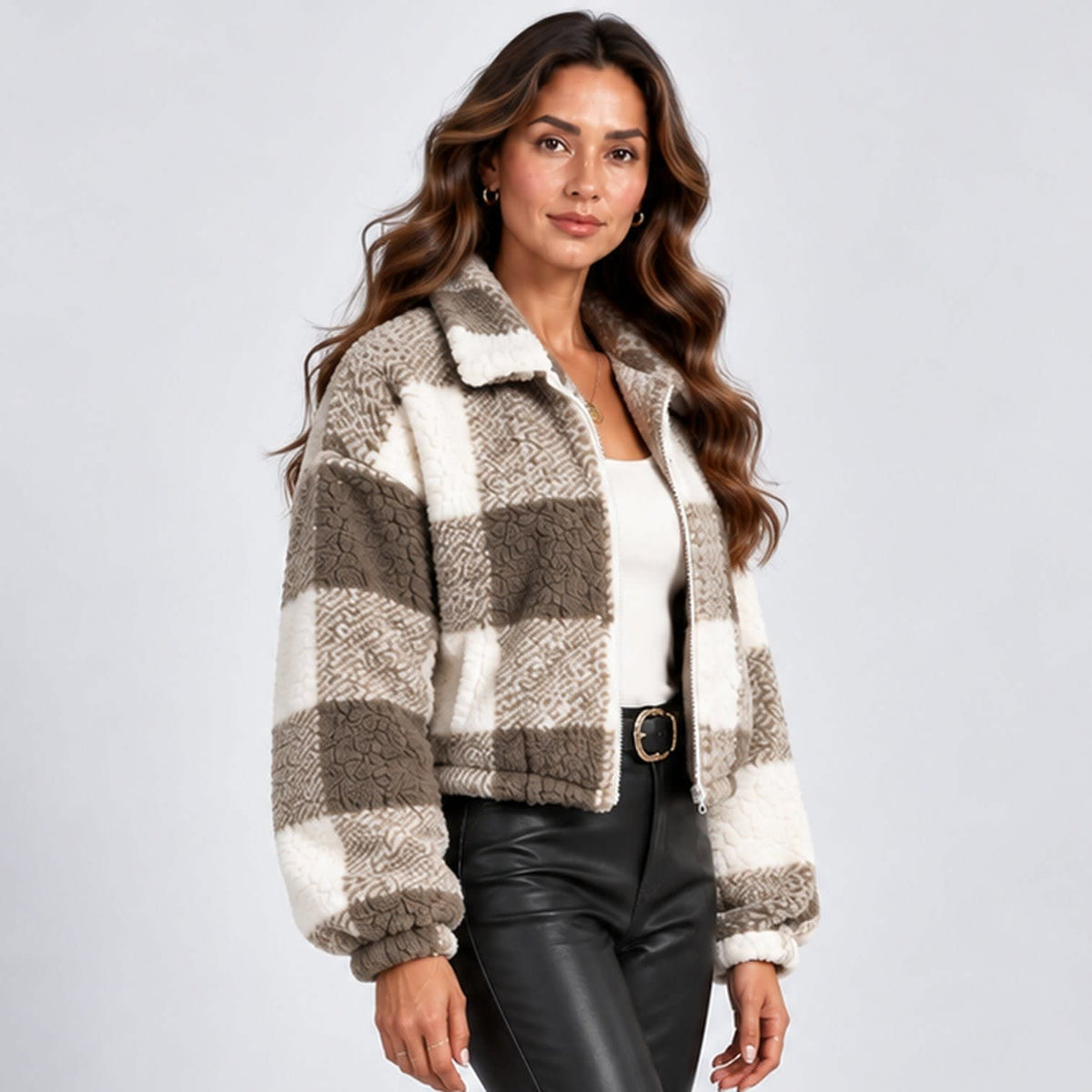 Women's Cropped Checked Teddy Jacket | Evie_4