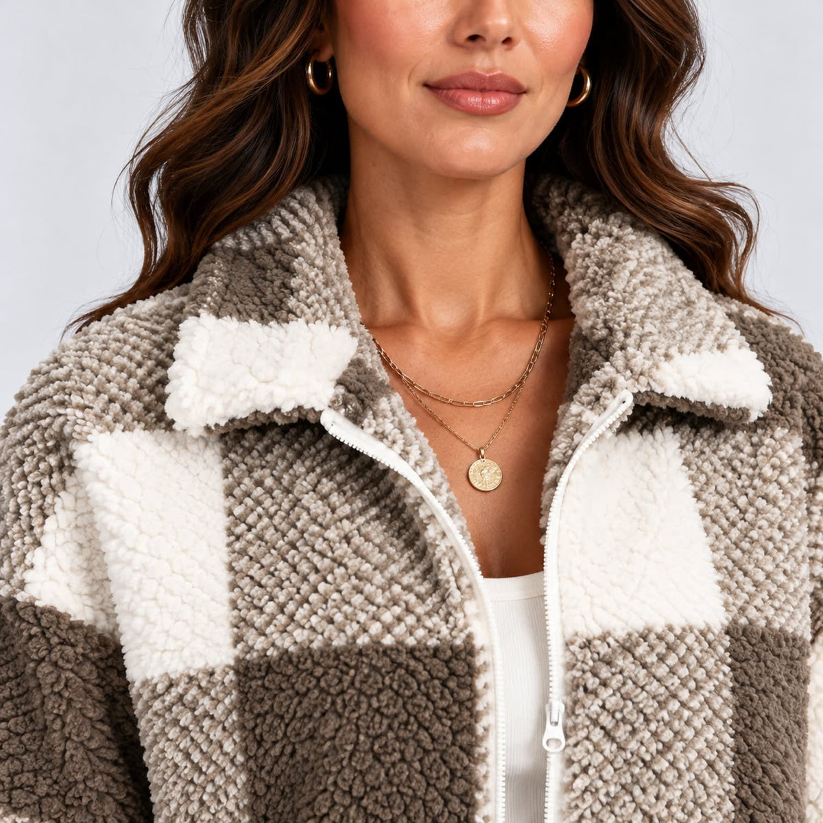 Women's Cropped Checked Teddy Jacket | Evie_6