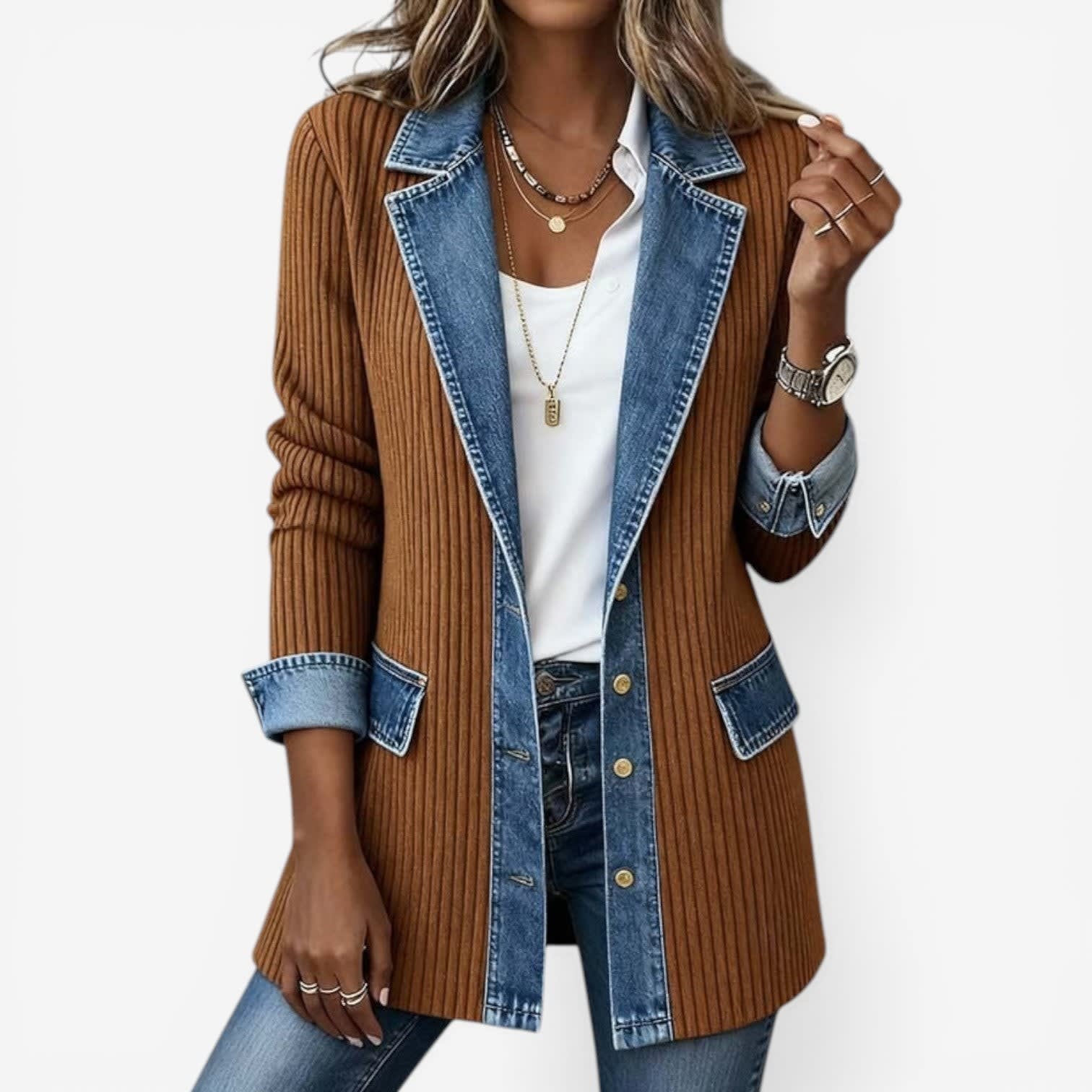 Women's Ribbed Knit Denim Mix Jacket | Skye_6