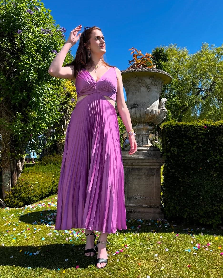Women's Pleated V-Neck Wedding Guest Midi Dress with Cutout | Alexandra Kelly_7