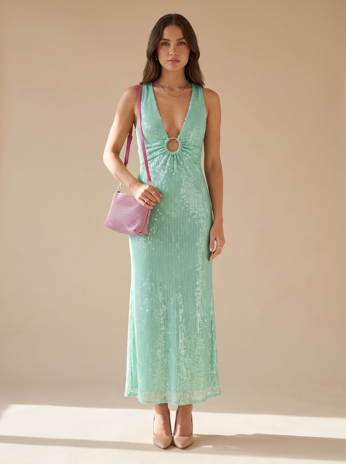 Women's Sequin Plunge Neck Christmas Party Mini Dress | Laurel_4