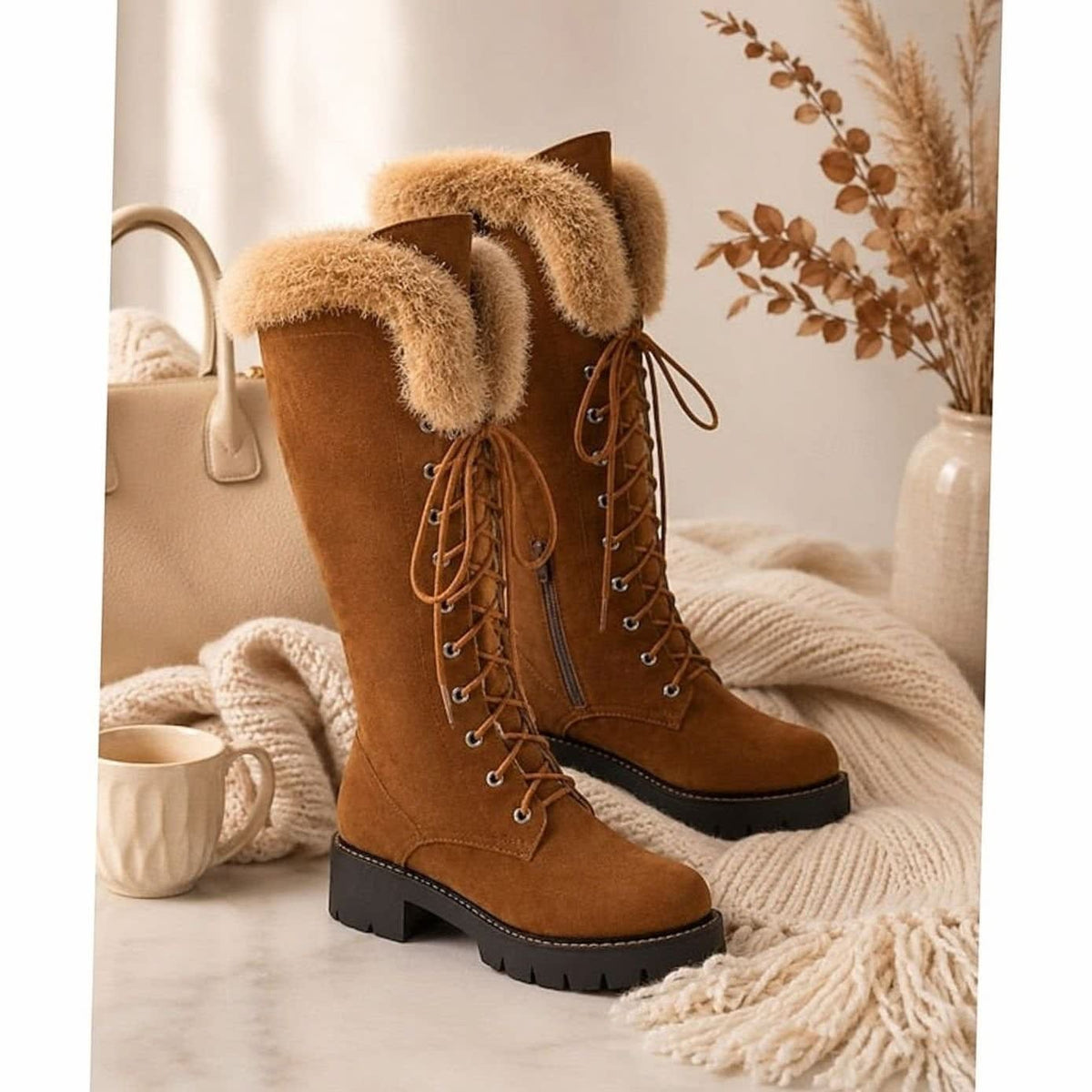 Women's Faux Suede Lace-Up Fur Cuff Snow Boots | Naomi_4
