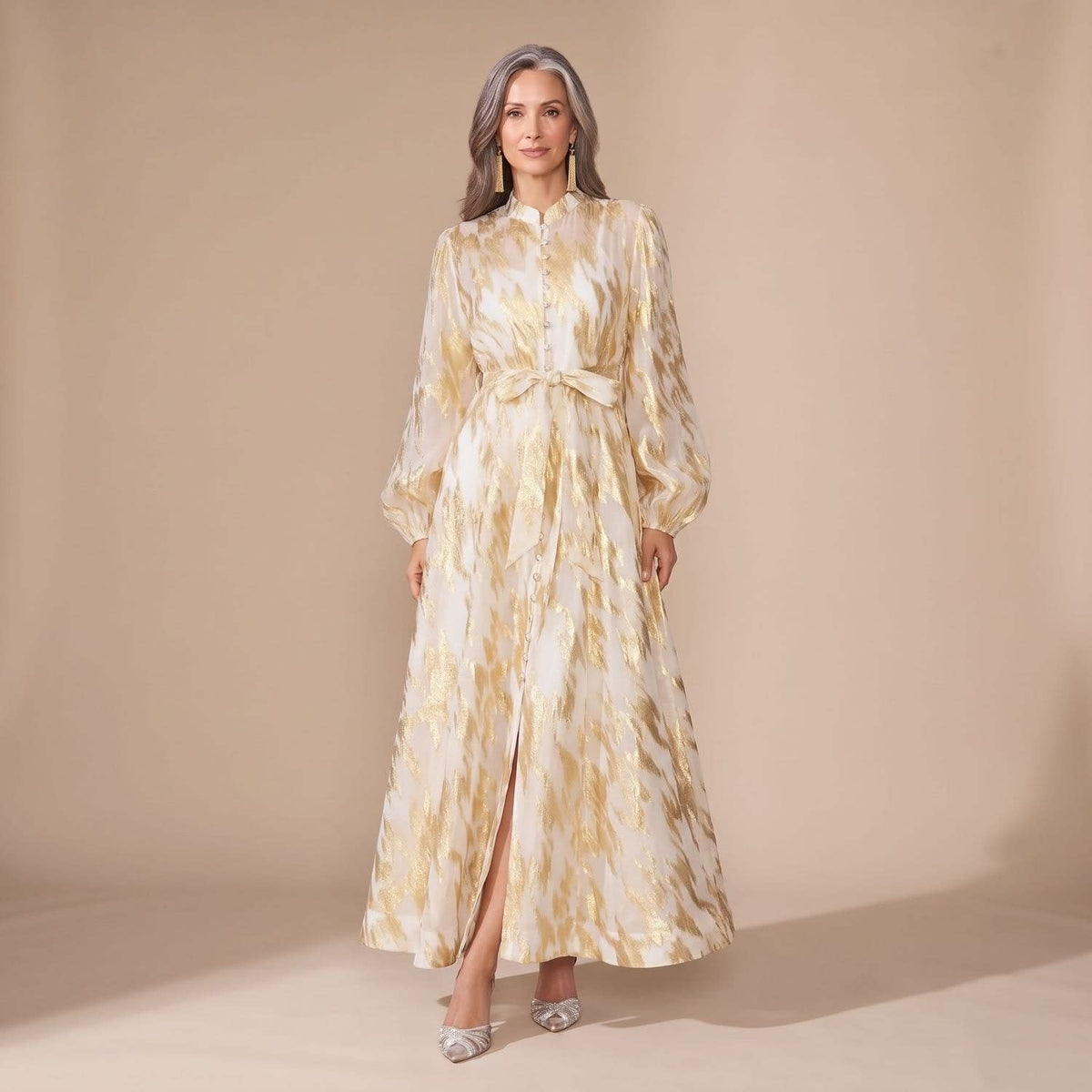 Women's Metallic Button Front Maxi Party Dress | Sarah_5