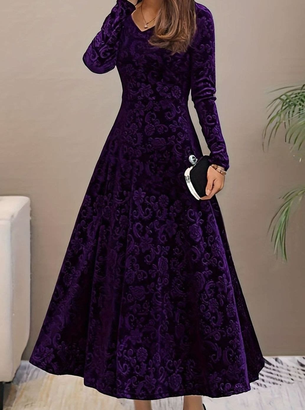 Women's Velvet Floral Midi Party Dress | Isabel_3