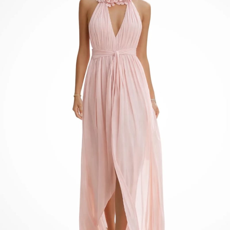 Women's Pink Floral Halter Neck Wedding Guest Maxi Dress | Nora Walker_1