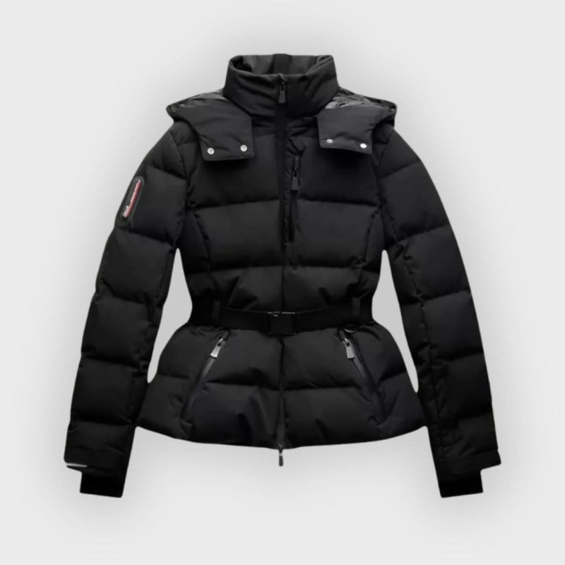 Women's Black Belted Puffer Ski Jacket For Winter | Lydia_1