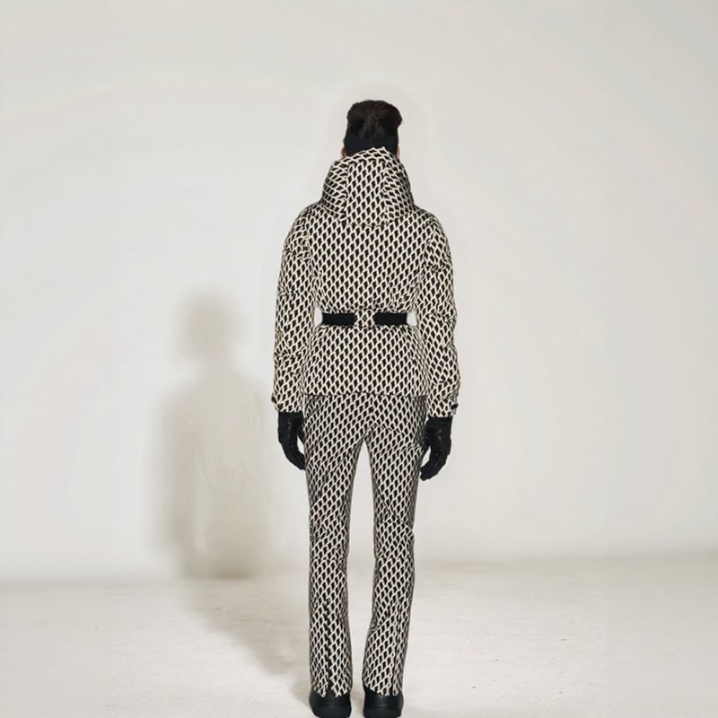 Women's Geometric Print Belted Ski Jacket For Winter | Eva_1