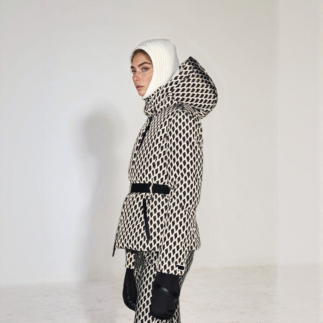 Women's Geometric Print Belted Ski Jacket For Winter | Eva_2