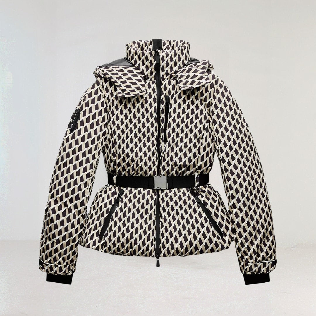Women's Geometric Print Belted Ski Jacket For Winter | Eva_3