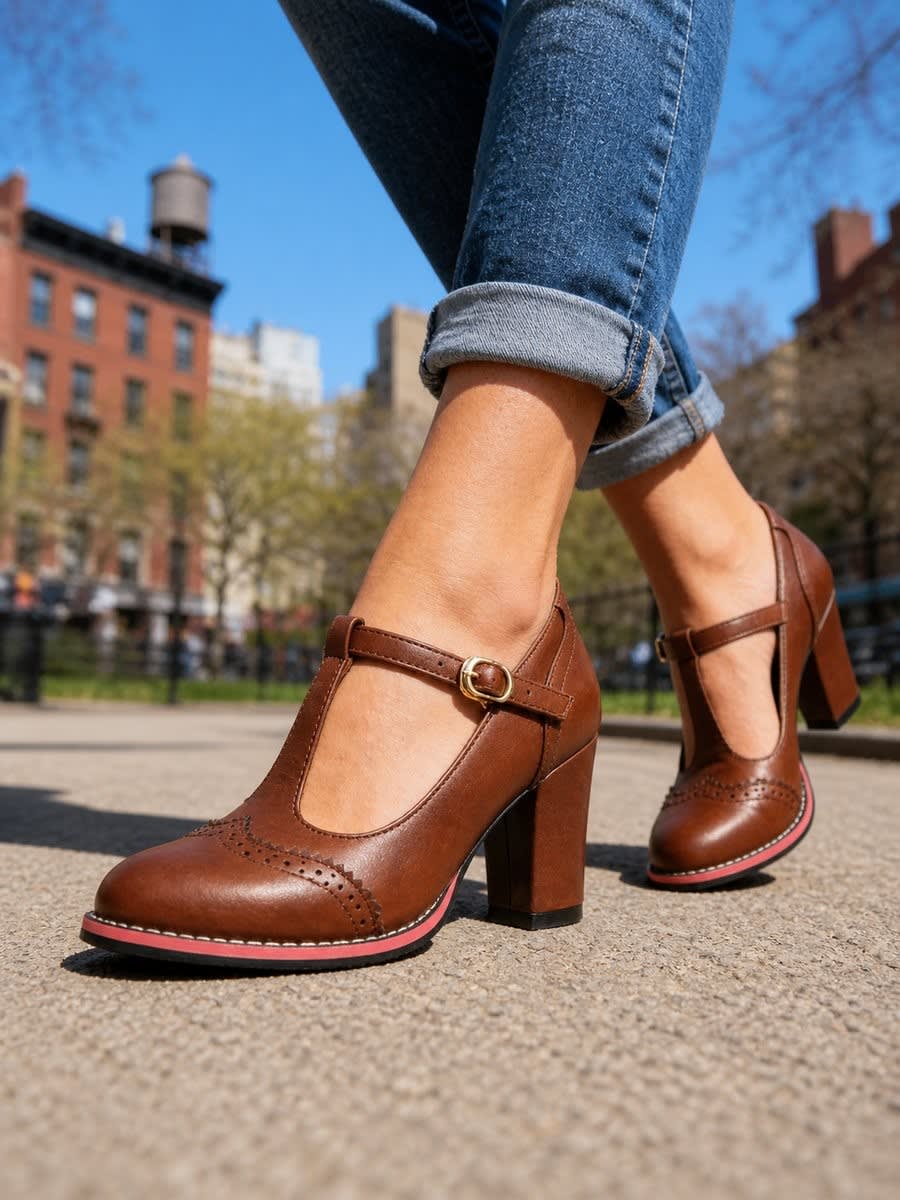 Women's Faux Leather Brogue Block Heels | Claudia_2