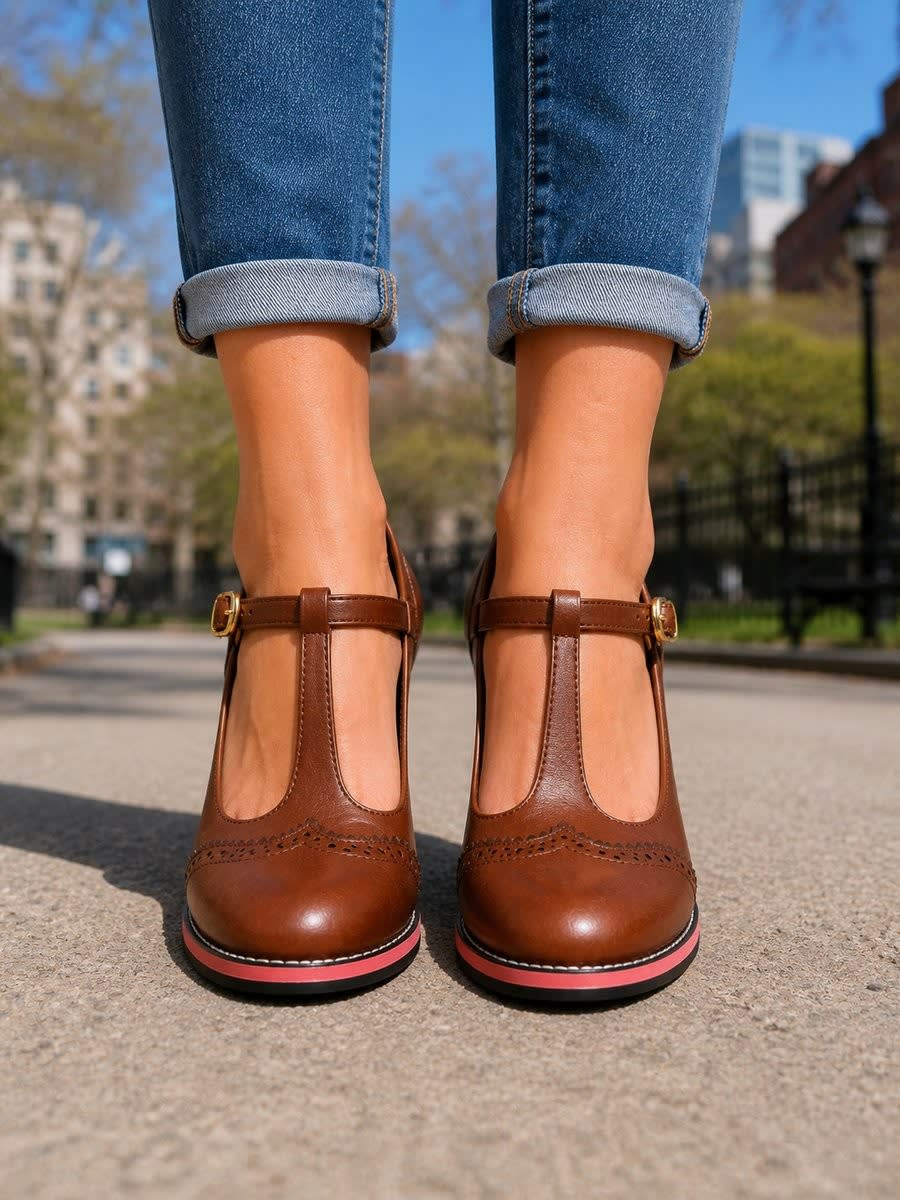 Women's Faux Leather Brogue Block Heels | Claudia_3