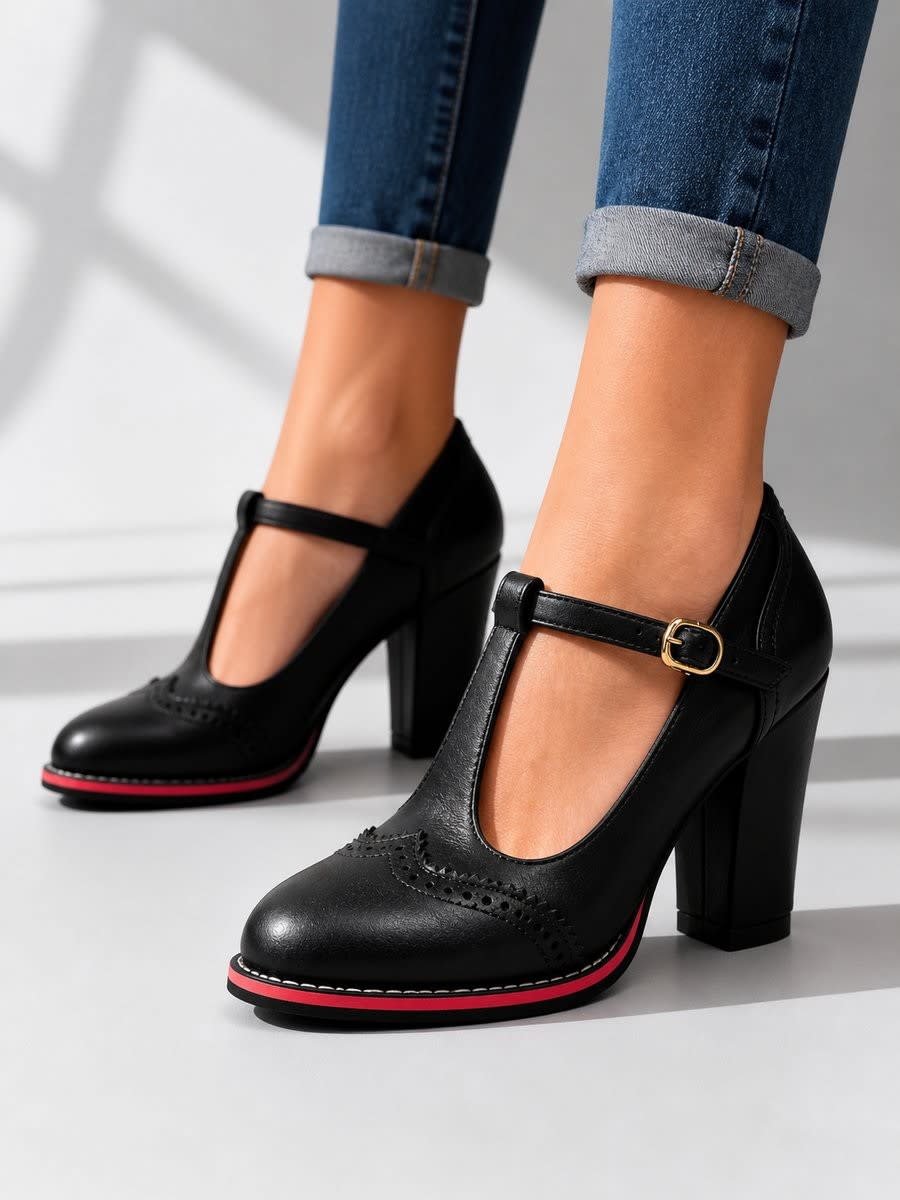 Women's Faux Leather Brogue Block Heels | Claudia_4